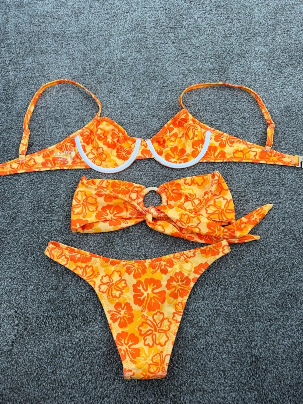 Kulani Kinis Orange Hibiscus 3 Piece Bikini Set S - Picture 2 of 3